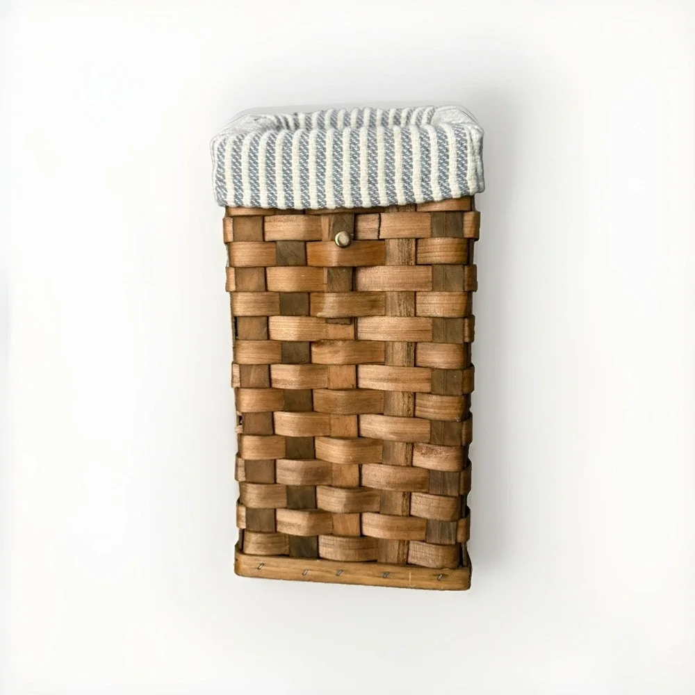 Vintage Wall Hanging Tall Woven Basket With Lid And Liner